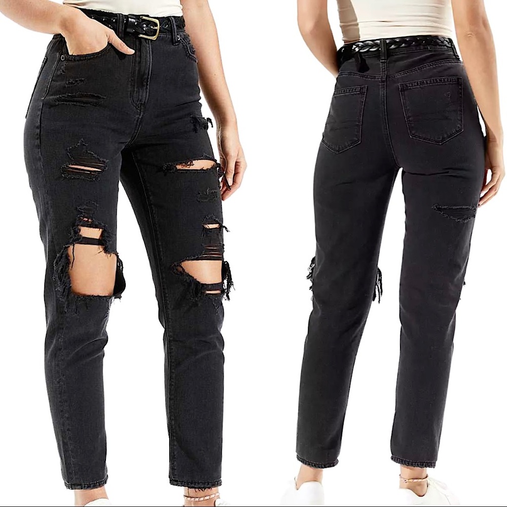 American Eagle Destroyed Black High Rise Crop Mom Jeans